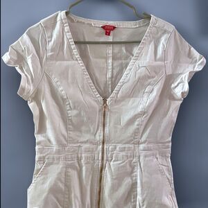 Guess White Jean Denim Mini Dress Pockets Gold Zipper XL V-Neck Casual